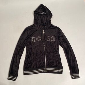 Vintage Y2K BCBG, Max Azria Velvet Zip Up Hoodie w Rhinestone Logos & Dragon M-L